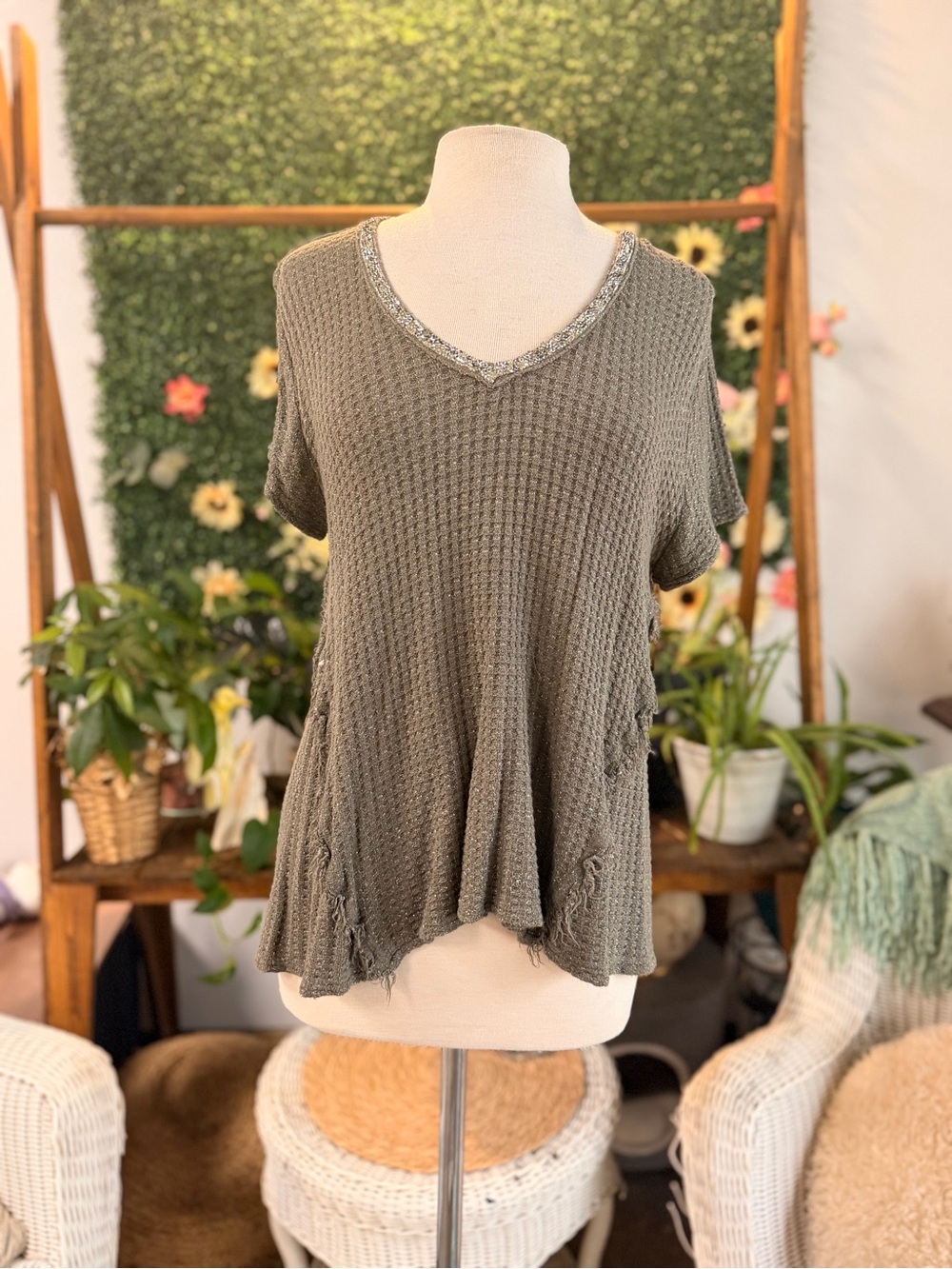 VINTAGE Juicy Couture Olive Green Waffle Knit Blouse with Embellished Trim